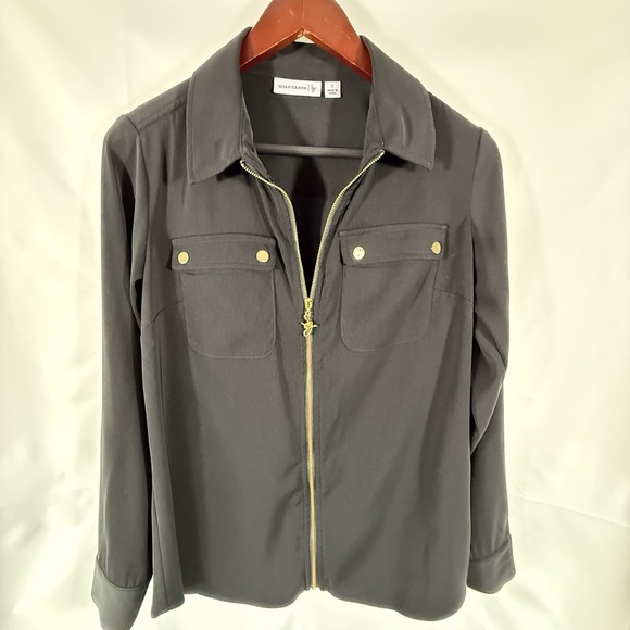 Suzan Crater Tops - Black Long Sleeve Suzan Craver Zip Up 3/4 Adjustable Sleeves, Gold Detailing 2